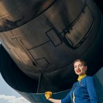 Pleased flight attendant smiling at the camera