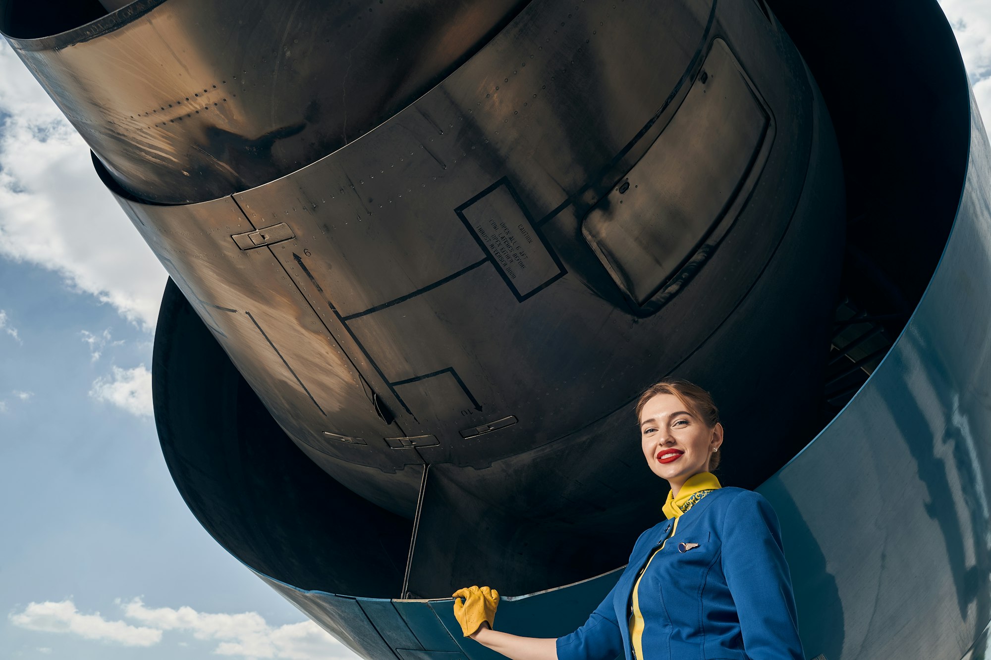 Pleased flight attendant smiling at the camera